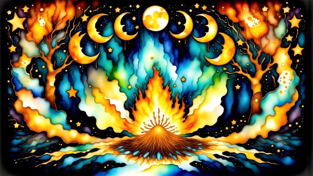 Enchanting Campfire Under Moonlit Sky, Impasto Acrylic Paint...