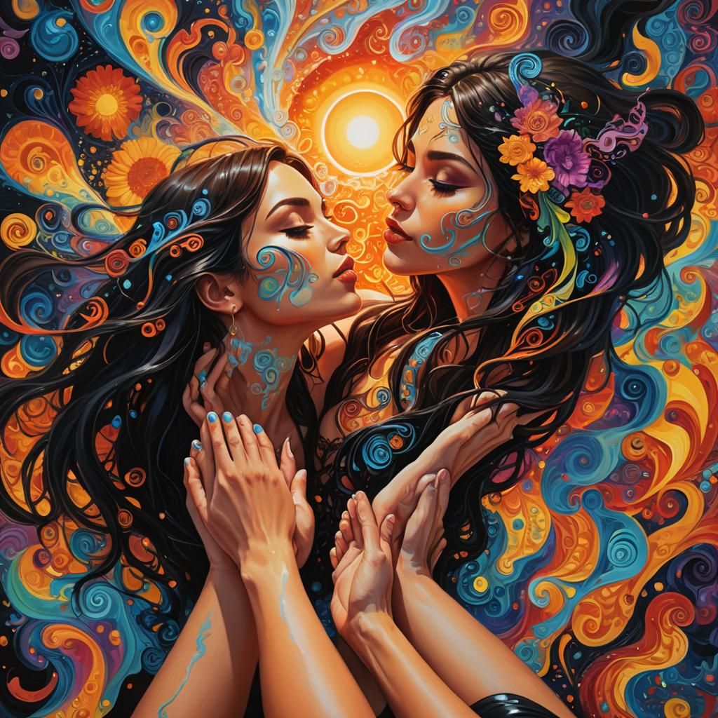 Psychedelic Beach Goddesses Kiss in Hyper-Realistic Painting