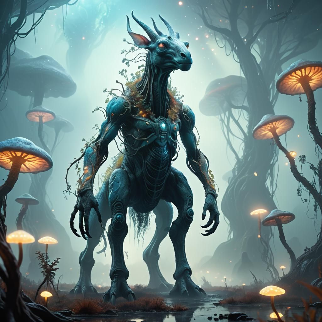 Alien Paraceratherium on Exoplanet in Bioluminescent Mist