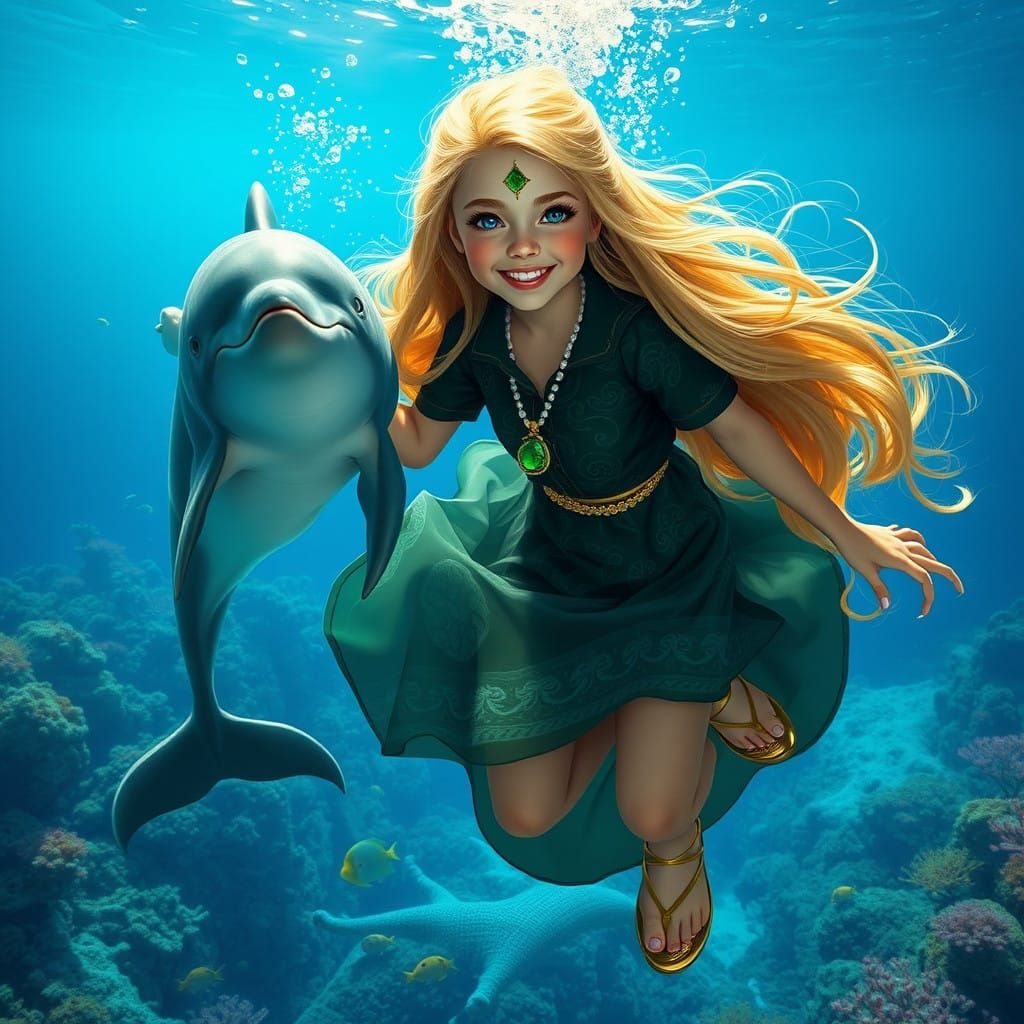 Girl Surfs with Majestic Dolphin in Vibrant Coral Reef