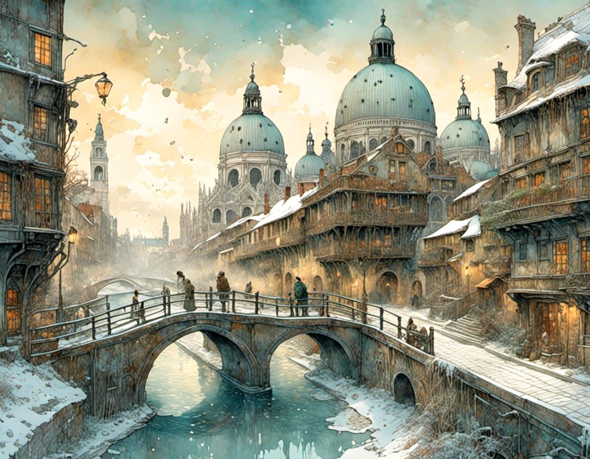 Snowy Steampunk City with Bridges and Canals
