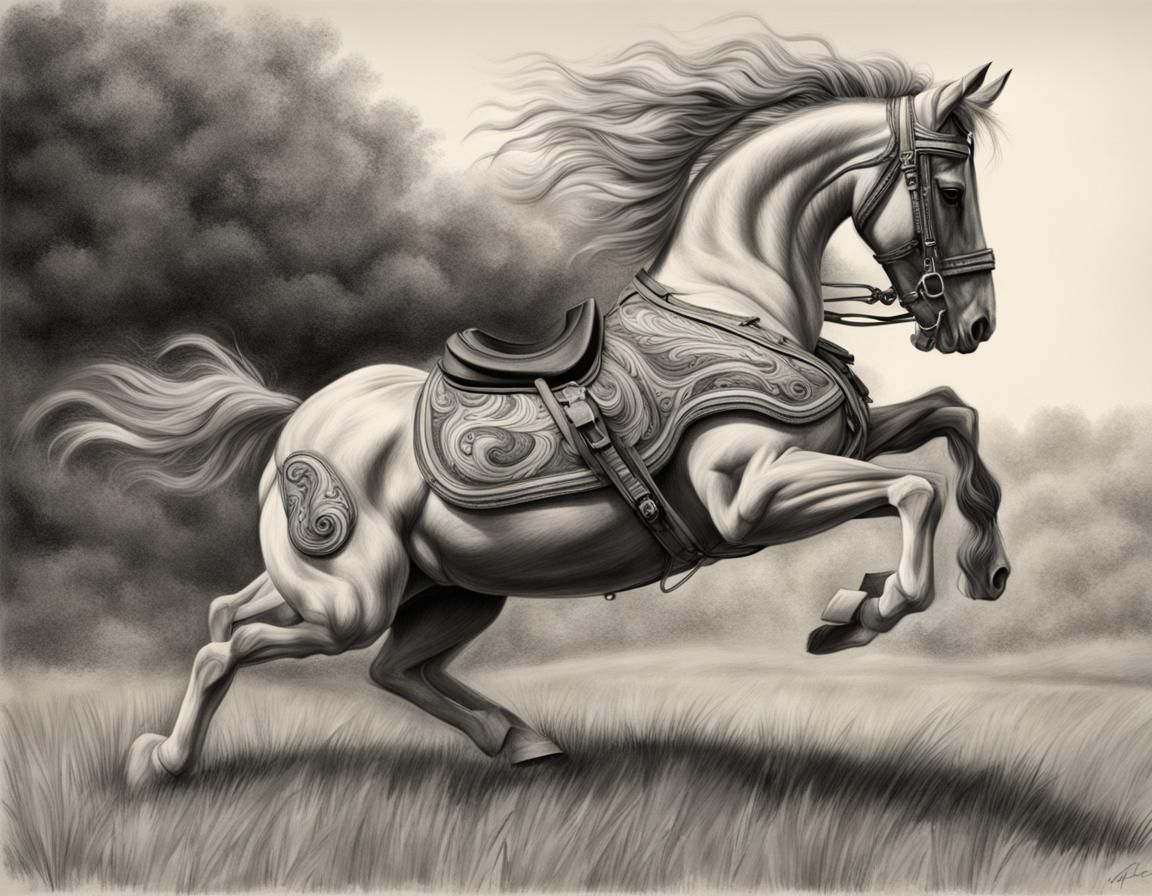 Carousel Horse Escapes: Hyperdetailed Charcoal Drawing