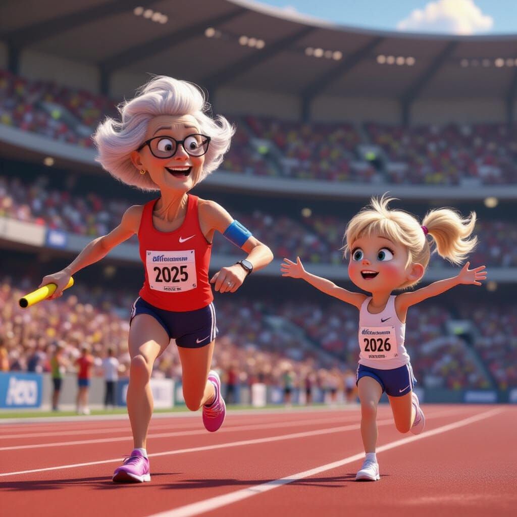 Staffellauf: Old Runner Passes Baton to Young Girl