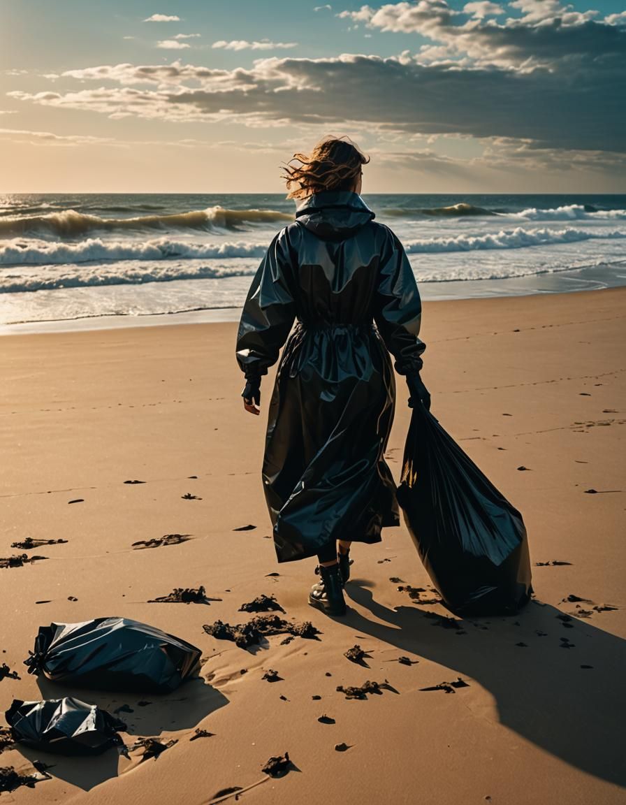 Woman in Garbage Bags: Surrealist Beach Photography