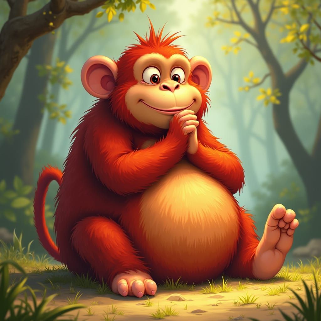 Fat Red Monkey Sits Contemplatively in Vibrant Digital Art