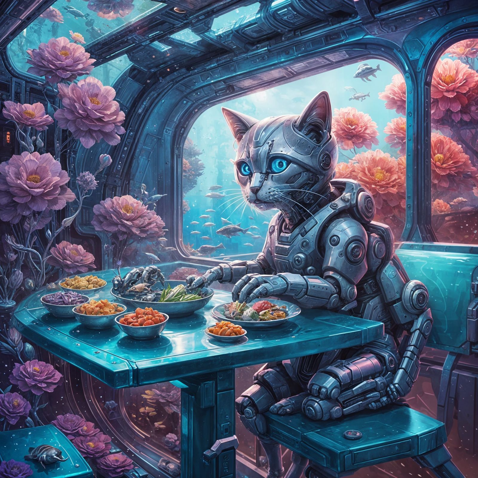 Cyborg Kitten in Futuristic Submarine, Detailed Matte Painti...