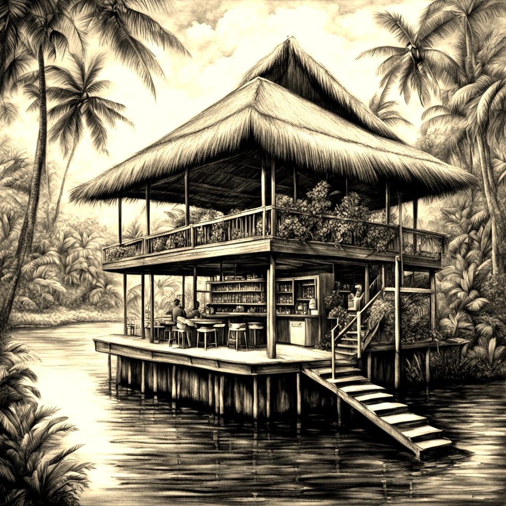 Tropical Floating Island Bar in Detailed Charcoal Style