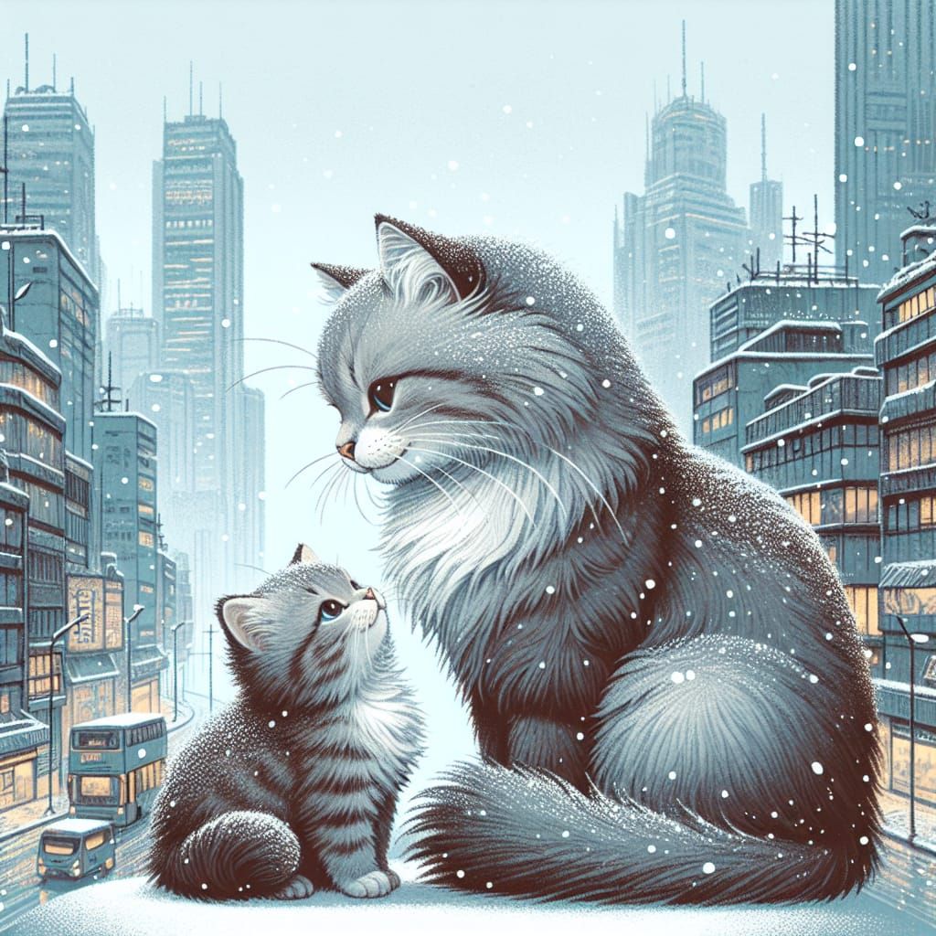 Mother Cat and Kitten in Bustling City