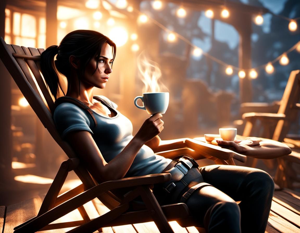 Lara Croft Relaxing in a Cozy Room