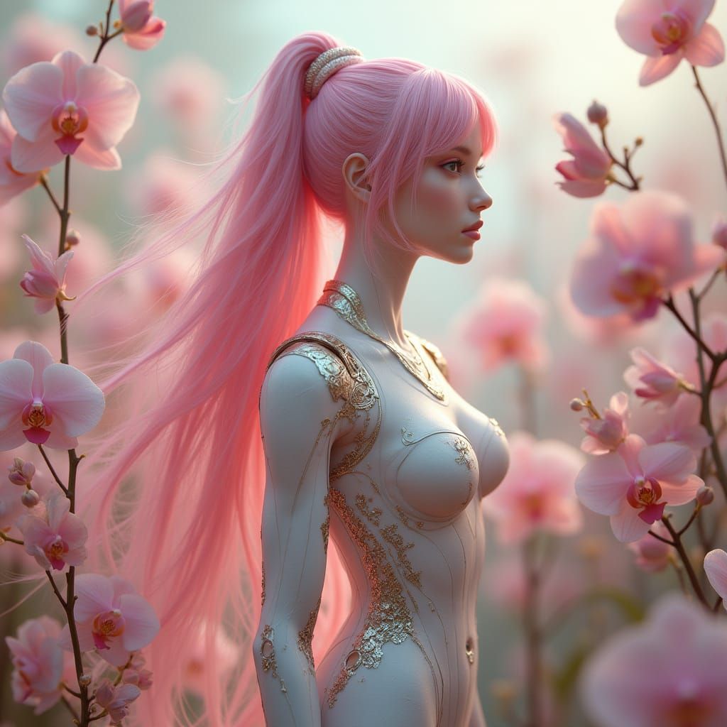 Ethereal Android in Art Nouveau Garden