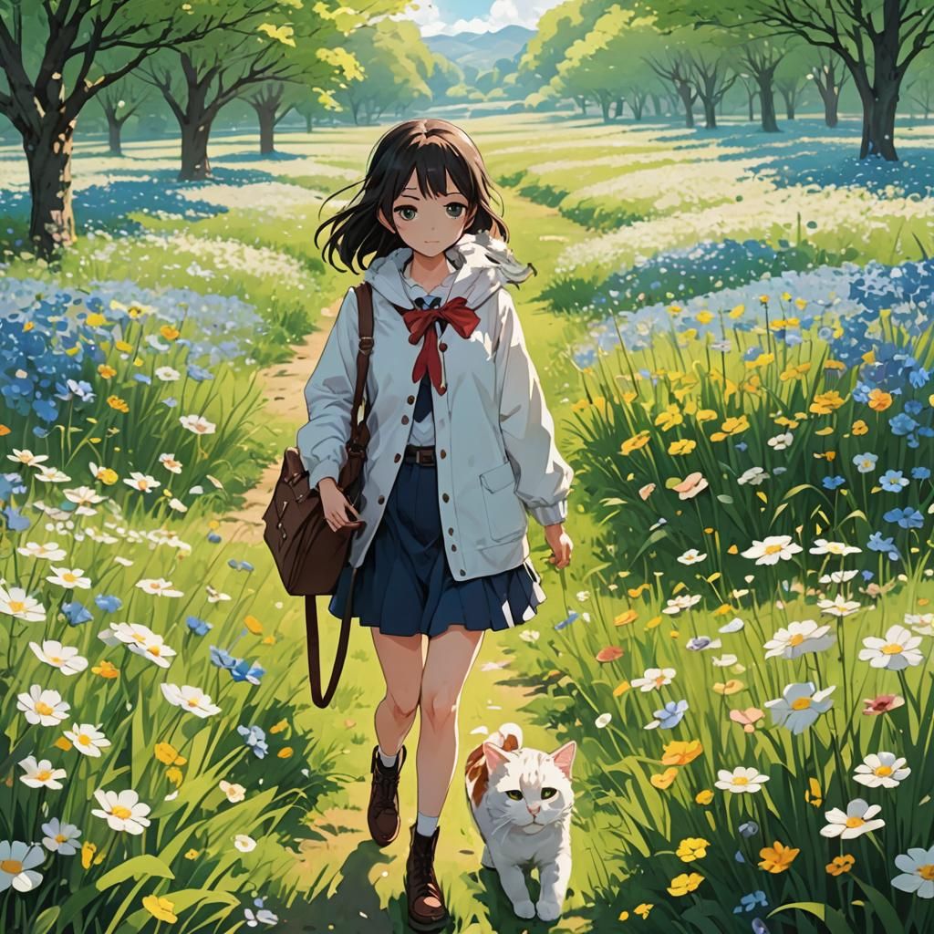 Girl and Cat in Spring Field, Anime Style