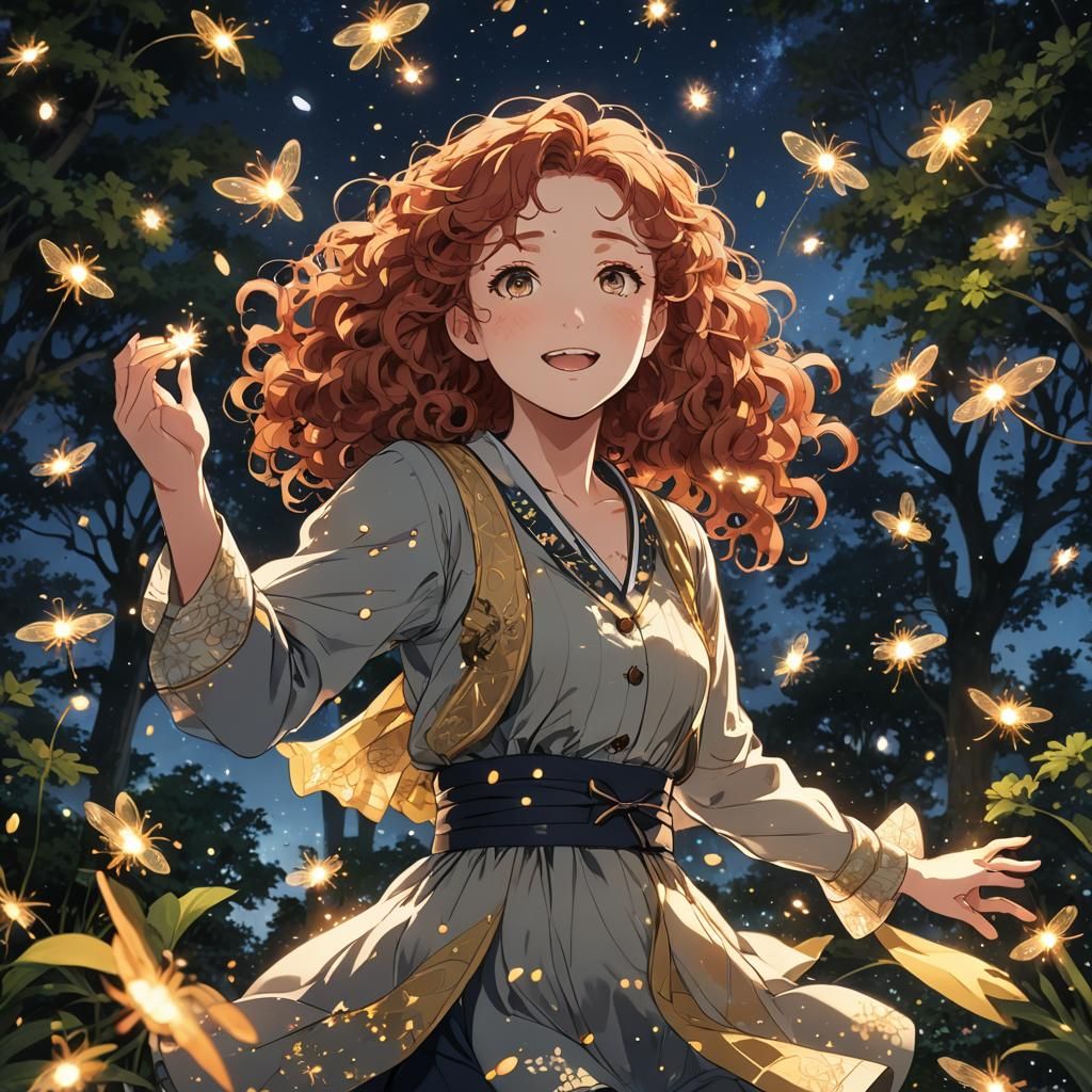 Anime Woman Dancing with Fireflies in Moonlit Garden