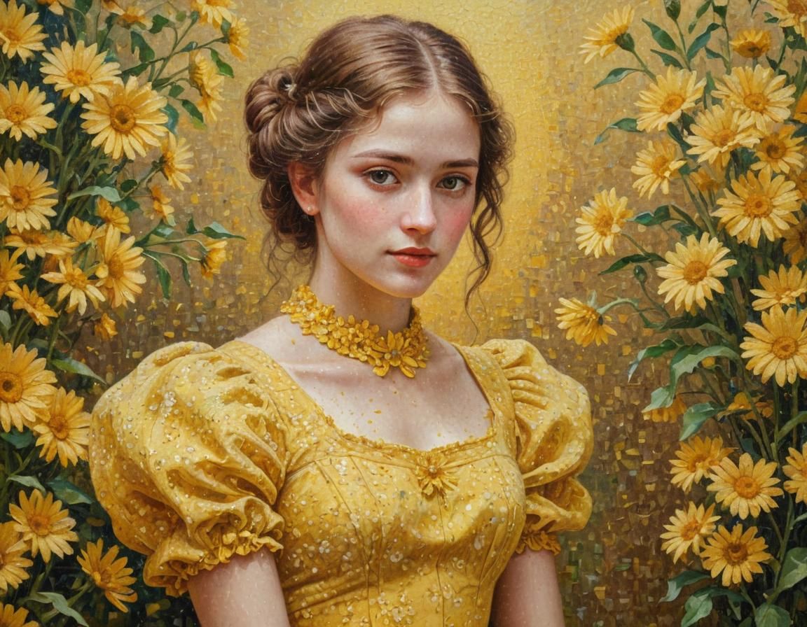 Victorian Woman in Daisy Dress: Pointillism Portrait