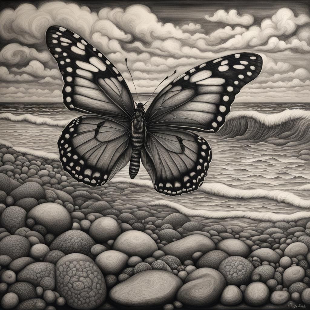 Hyperdetailed Charcoal Barber Butterfly Dream Seashore