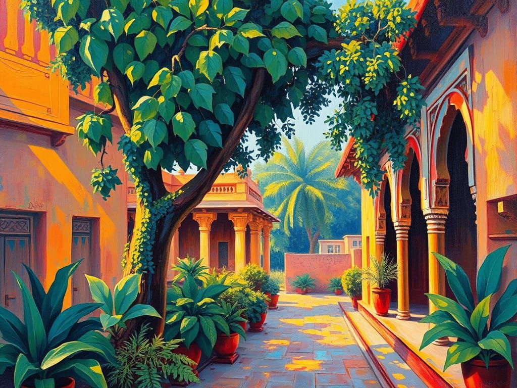 Neo-Expressionist Indian Landscape with Vibrant Architecture