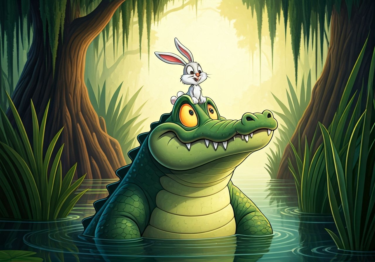 Surprised Crocodile Meets Bunny in Cartoon Style