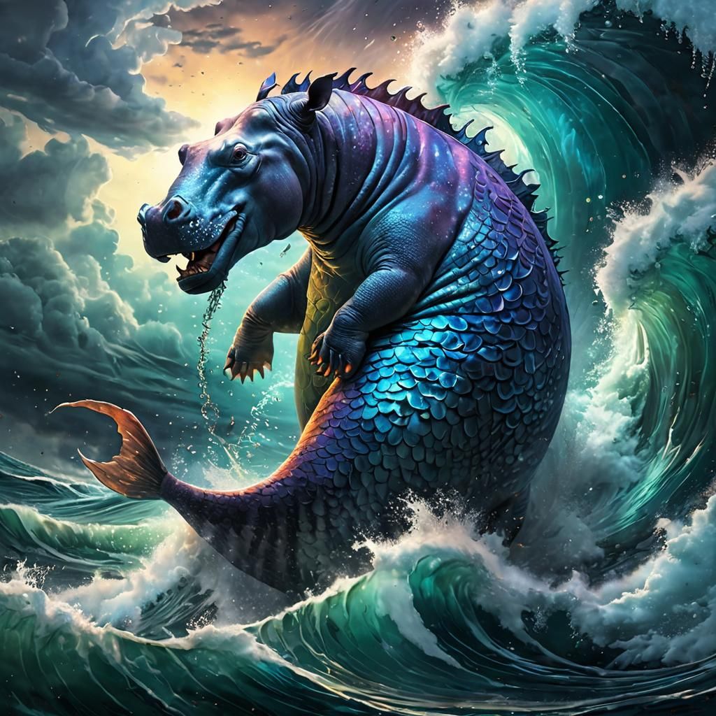 Majestic Mer-Hippo Crashing Through a Swirling Sea