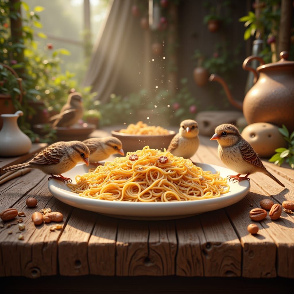 Bohemian Whimsy Plate of Noodles with Sparrows