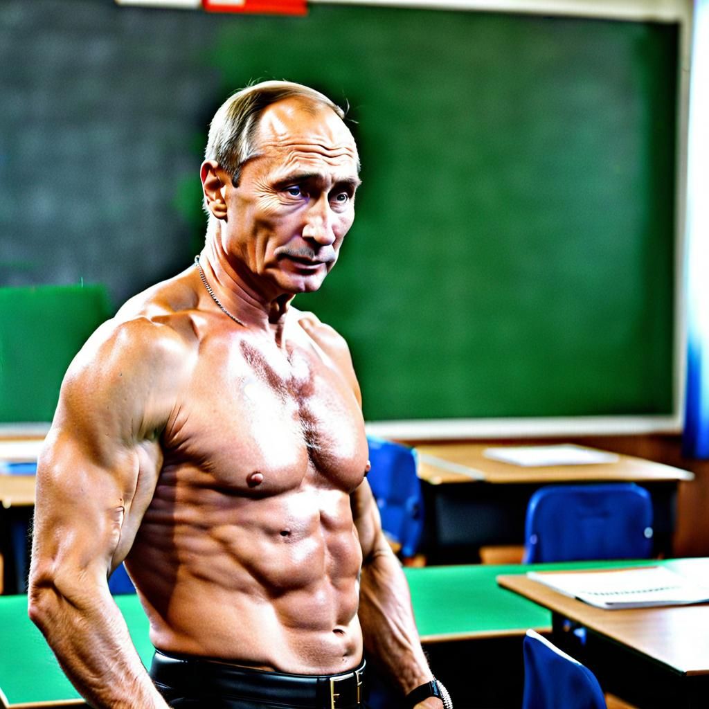 Vladimir Putin, shirtless, in classroom