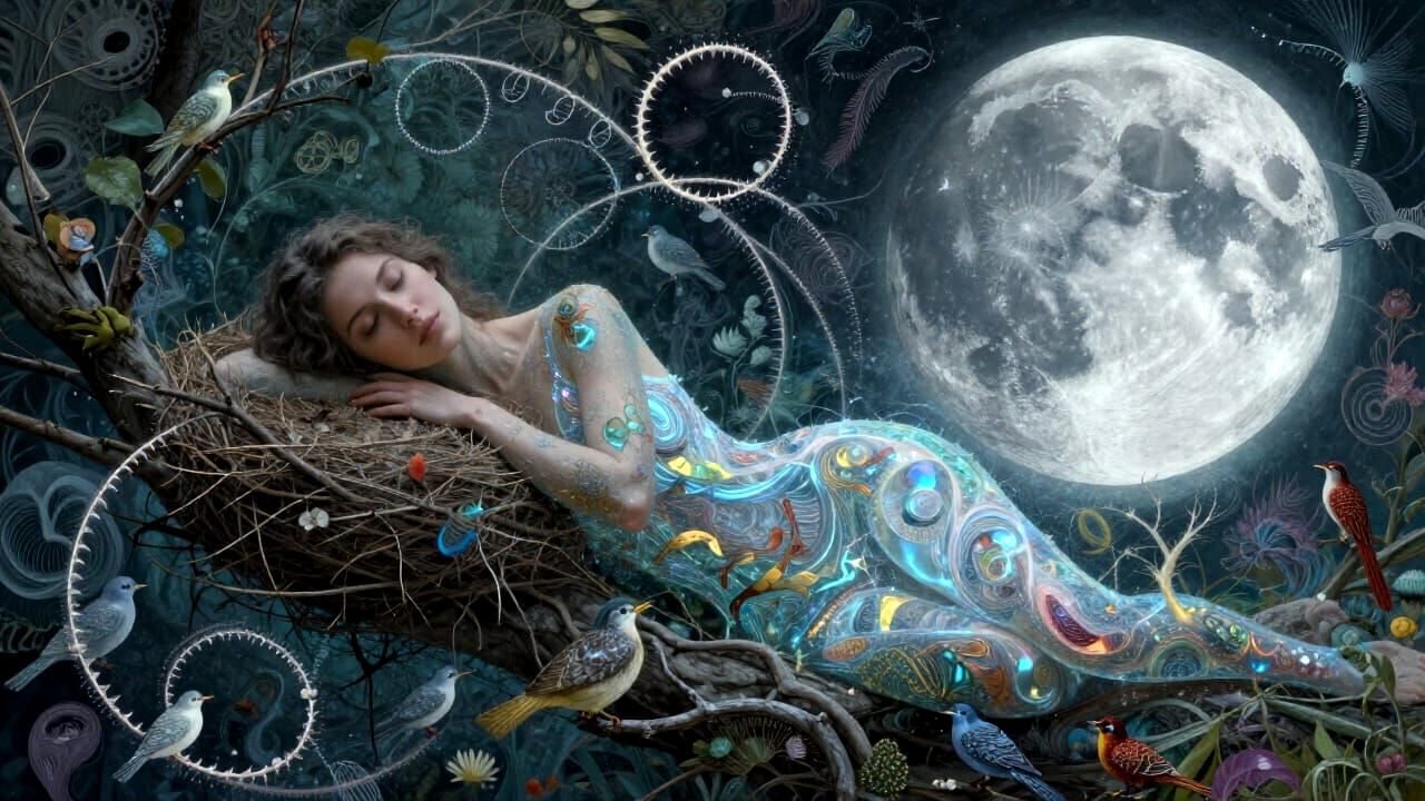 Woman Merged With Nature Carrying Nest of Birds