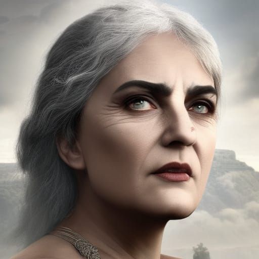 Ancient Greek Goddess with Grey Hair and Dramatic Atmosphere