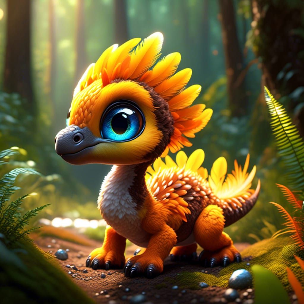 Adorable Feathered Baby Brontosaurus in Anime Style