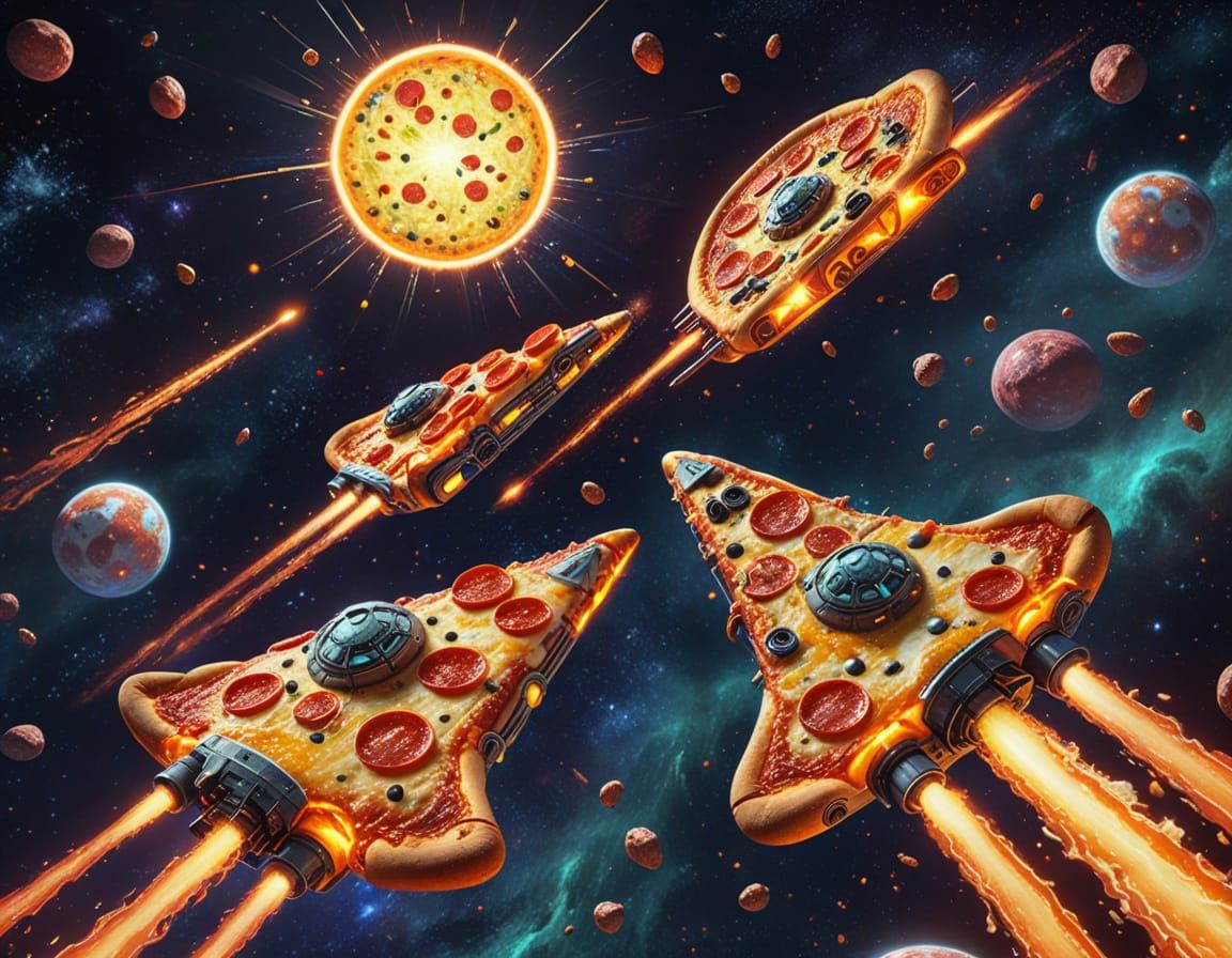 Pizza Spaceships Battle in Neon Starfield