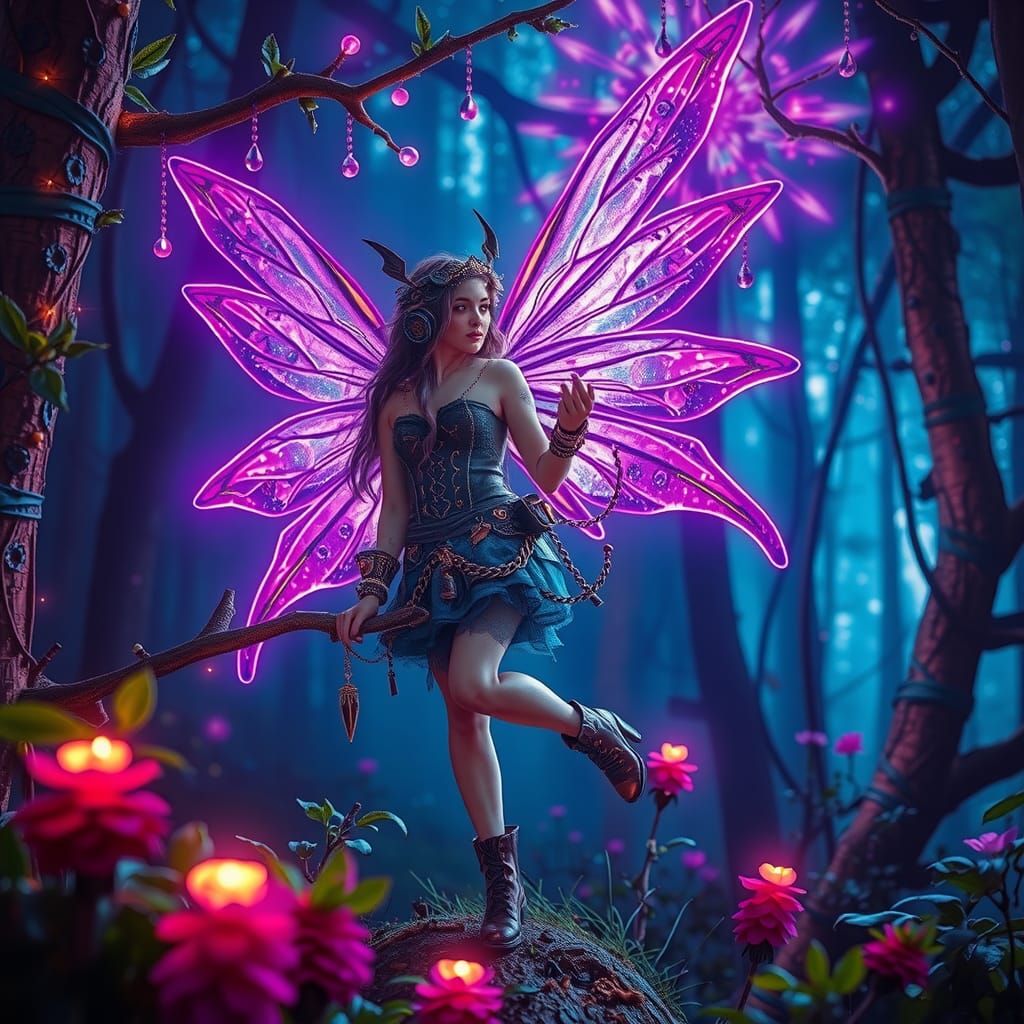 Steampunk Fairy in Neon Forest
