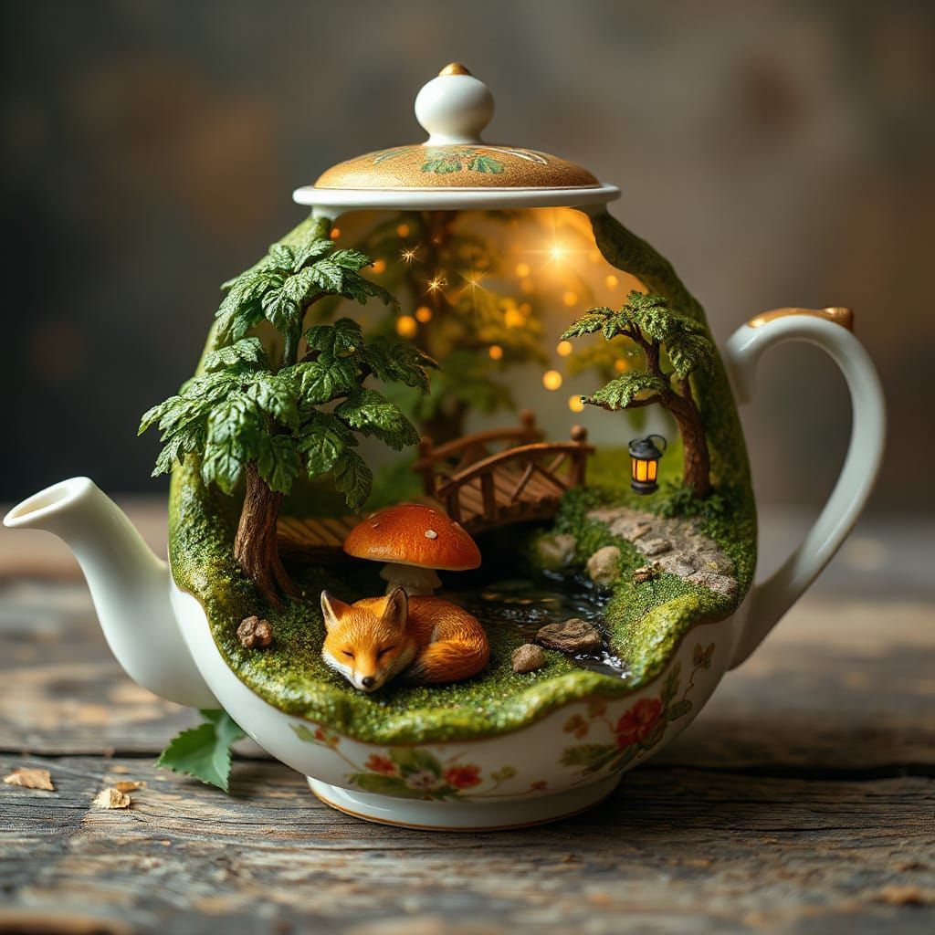Lush Forest Thrives Inside Porcelain Teapot