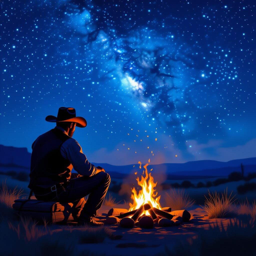 Cowboy by Campfire Under Starry Sky