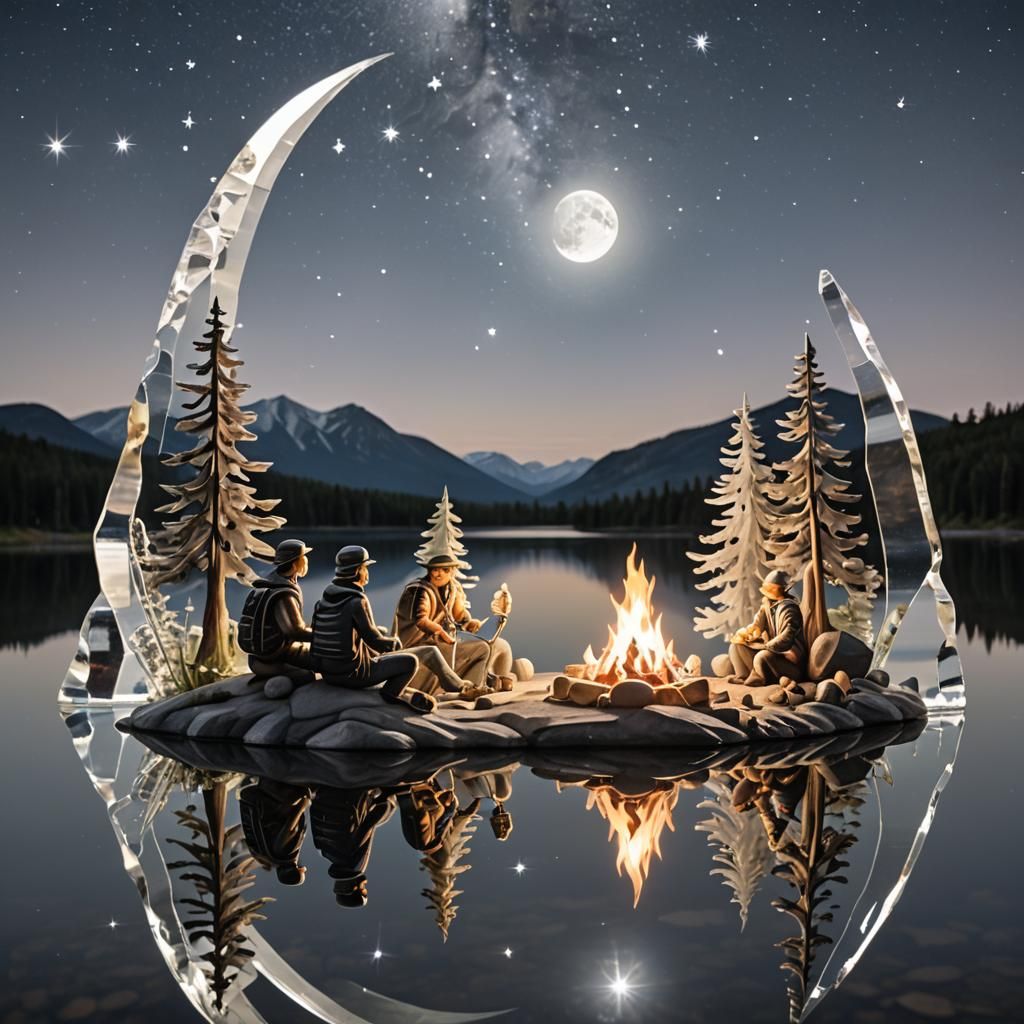 Crystal Sculpture: Friends Camping Under the Stars