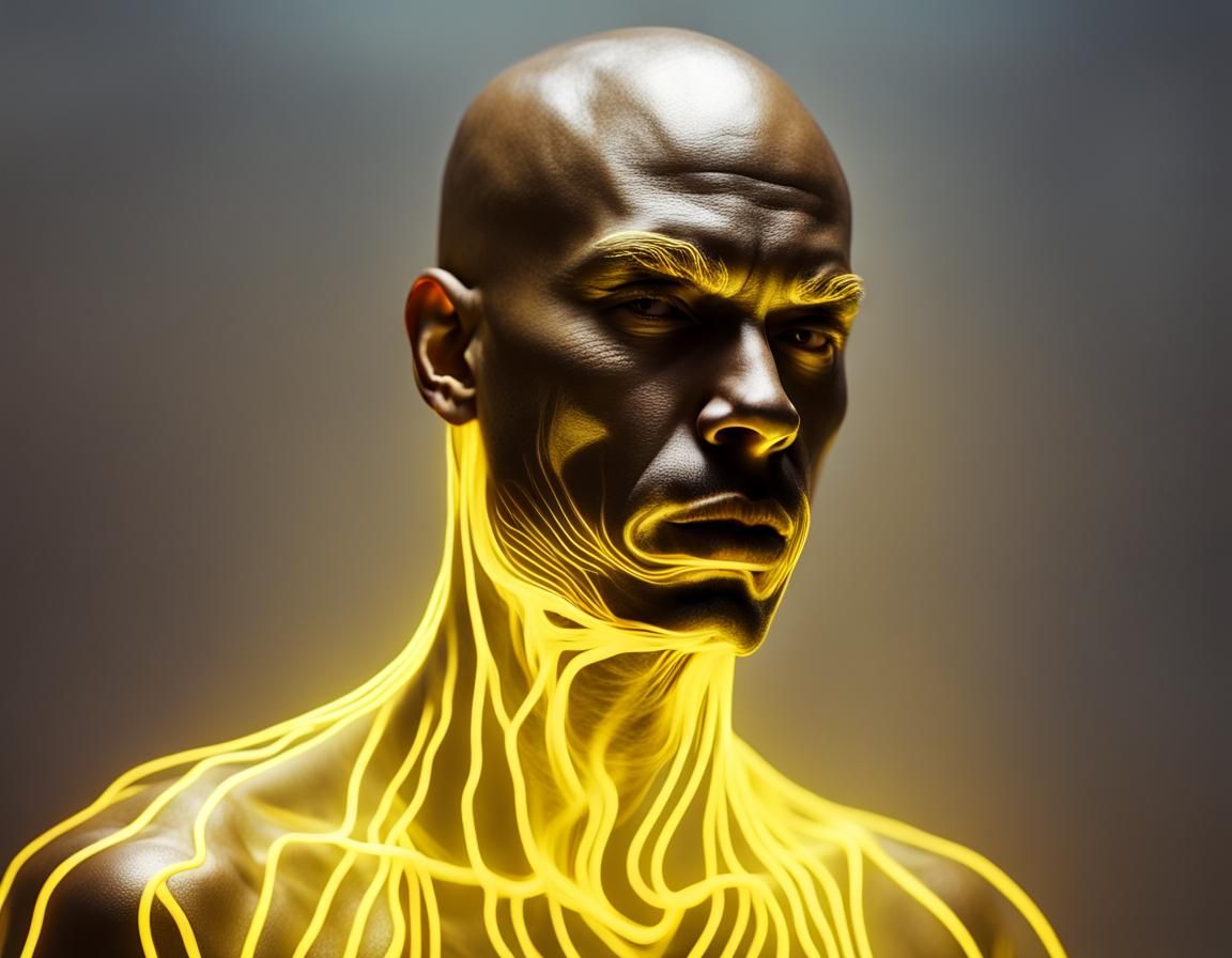 Golden Neon Fog Engulfs Man: Minimalist Portrait