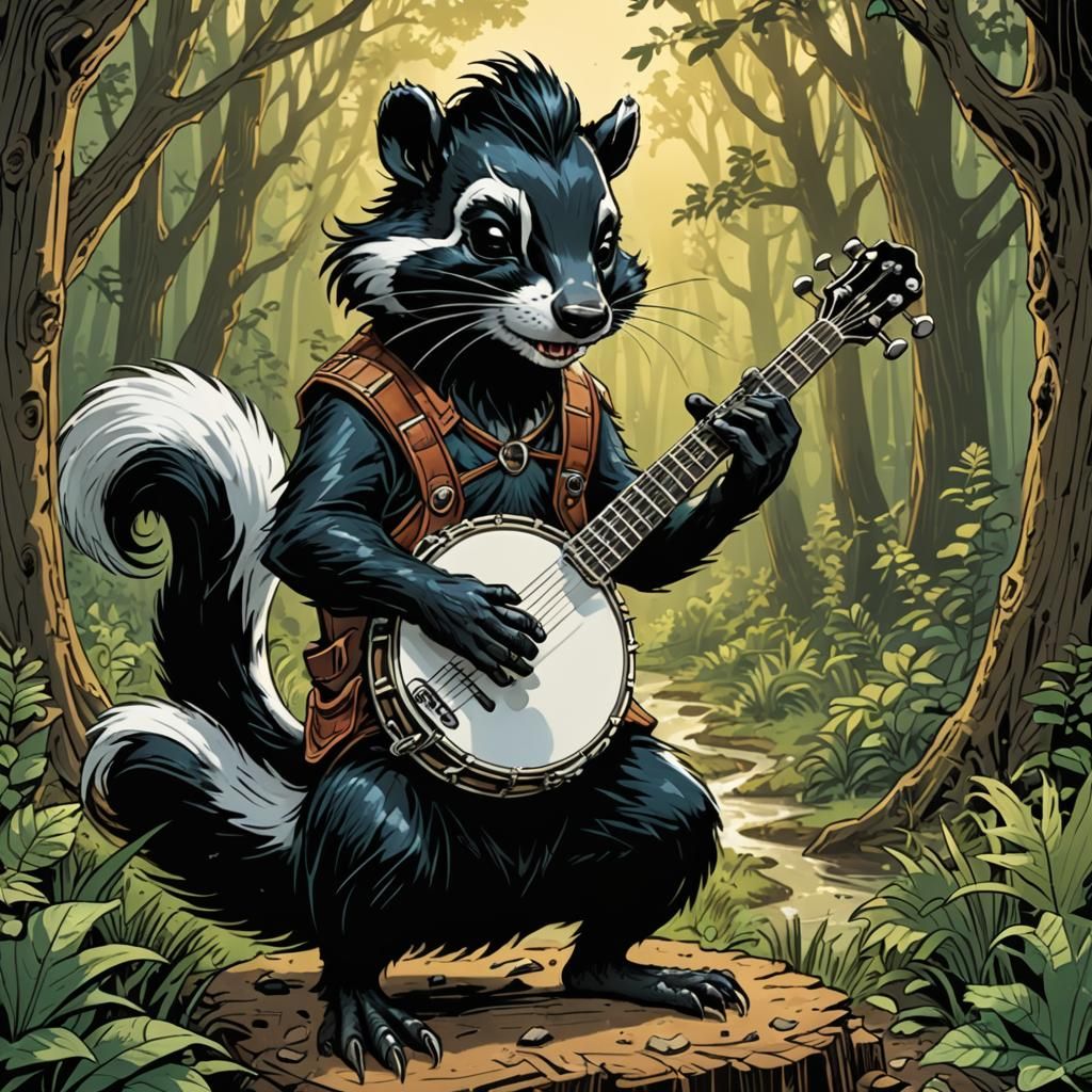 Skunk Plays Banjo in Comic Book Art Style