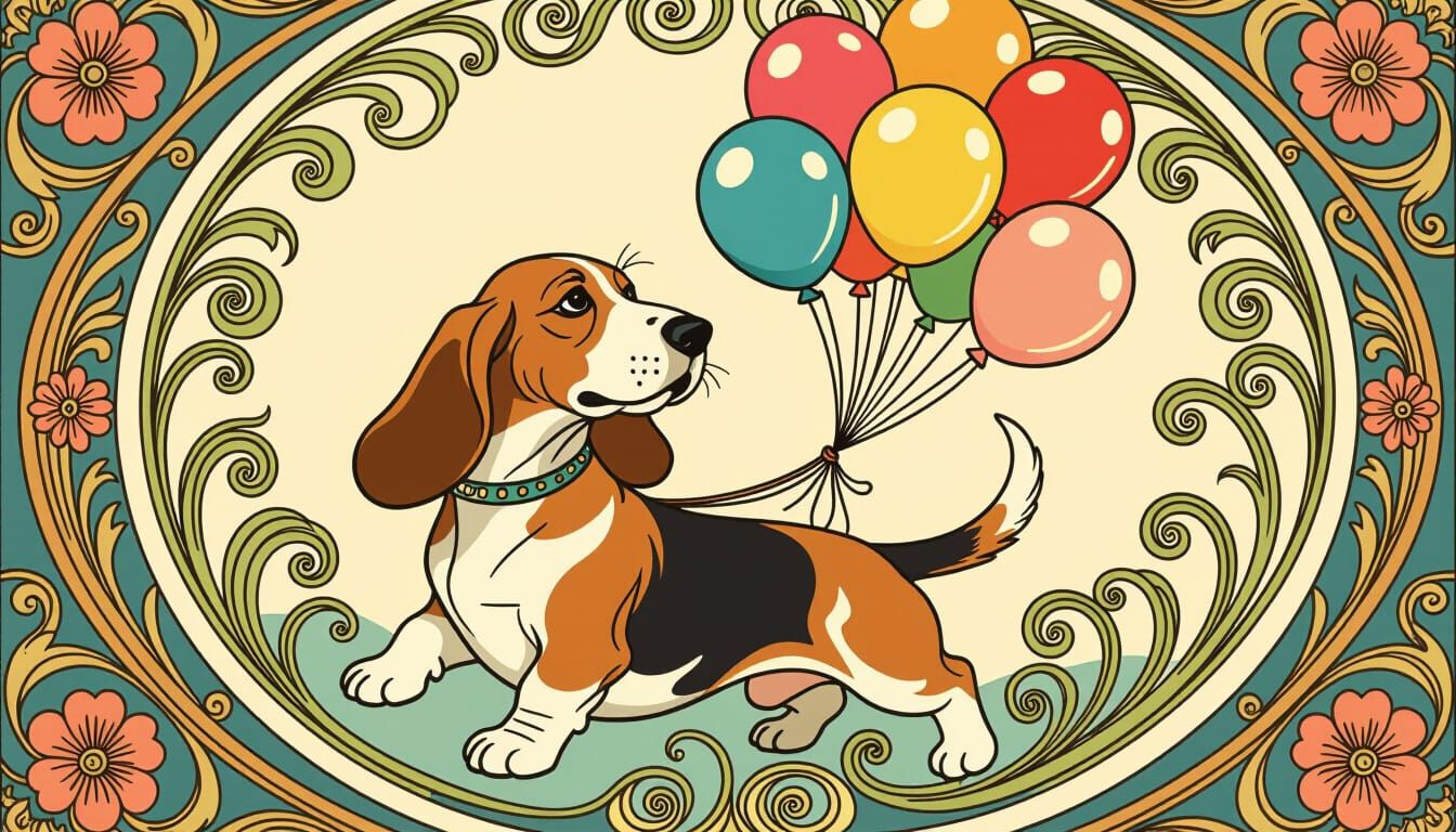 Art Nouveau Basset Hound Chasing Balloons in Floral Style