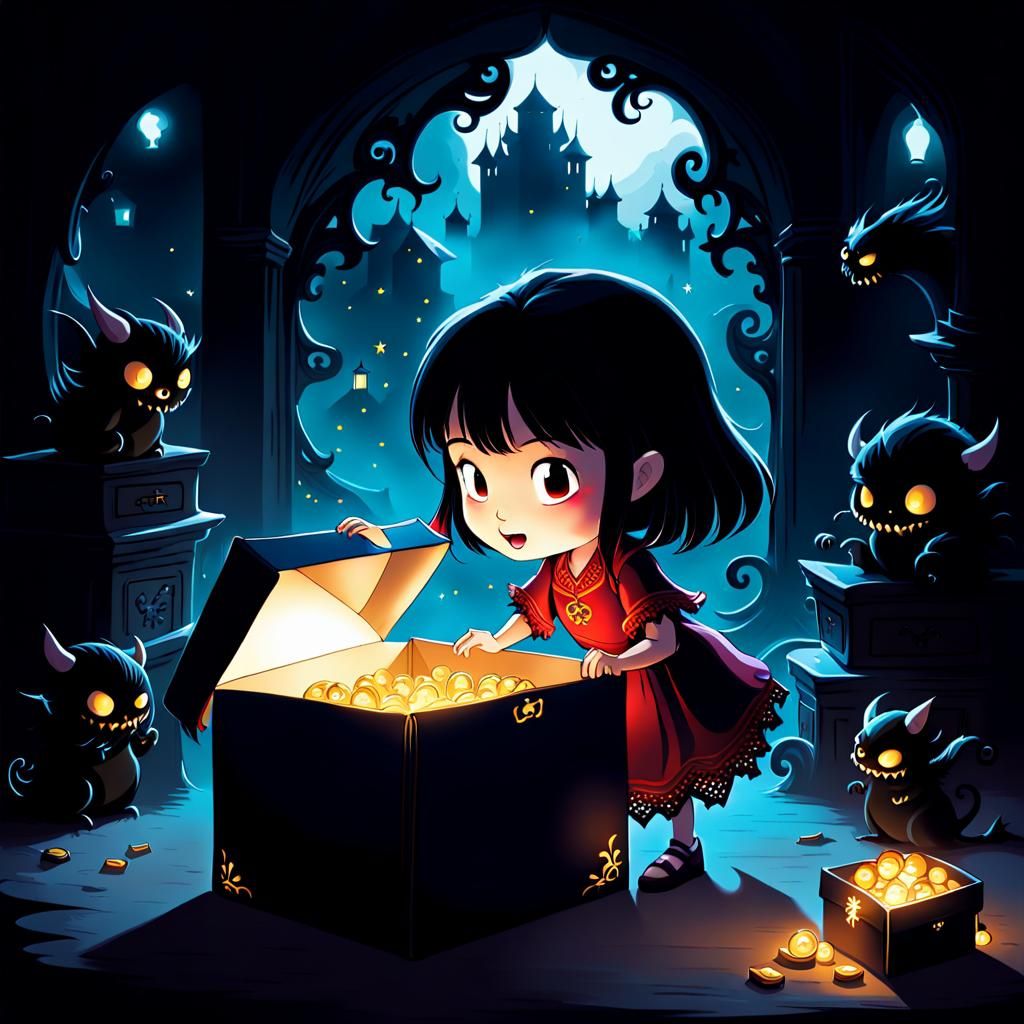 Girl Opens Monster Box: Chinese Fantasy Illustration
