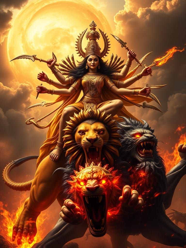 Epic Goddess Durga Battles Mahishasura in a Fiery, Cinematic...