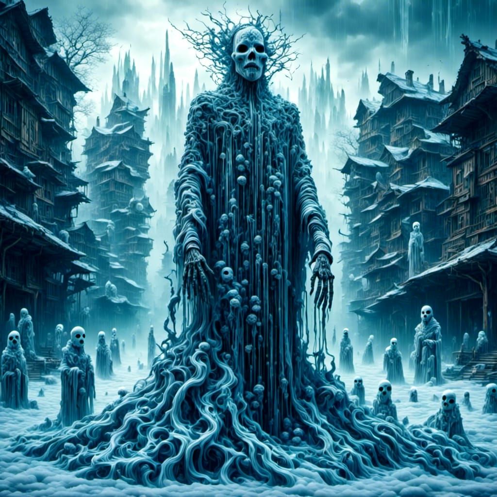 Masked Snowman Surrounded by Ghosts