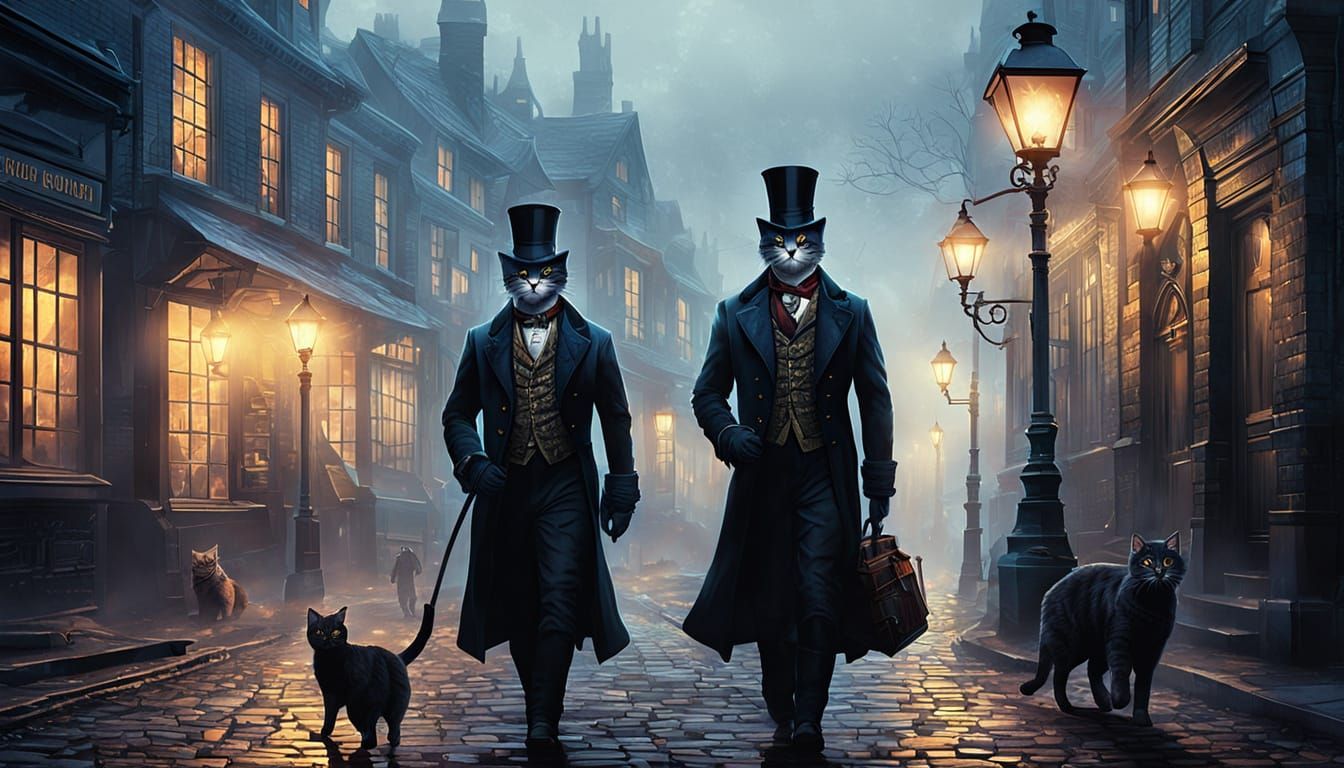 Cats in Victorian Attire in Comic Book Style