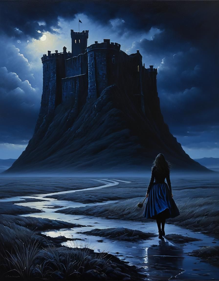 Chiaroscuro Oil Painting: Woman at Barren Plain Tower