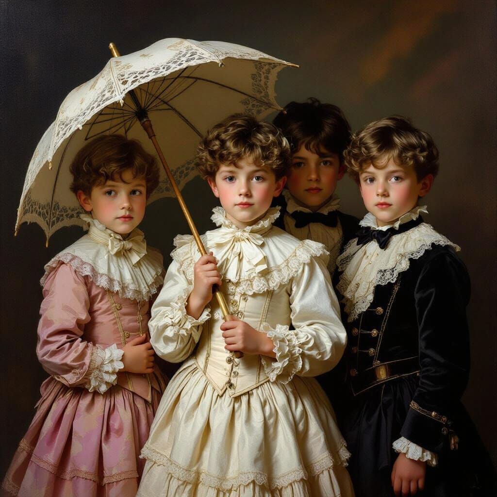 Boys in Edwardian Dresses with Parasol