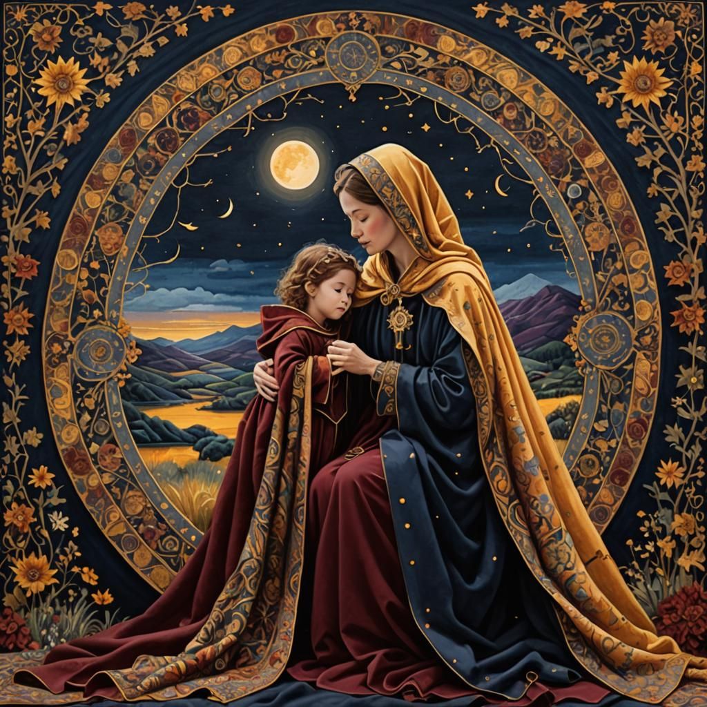 Burgundy and Gold Tapestry of Parent and Child