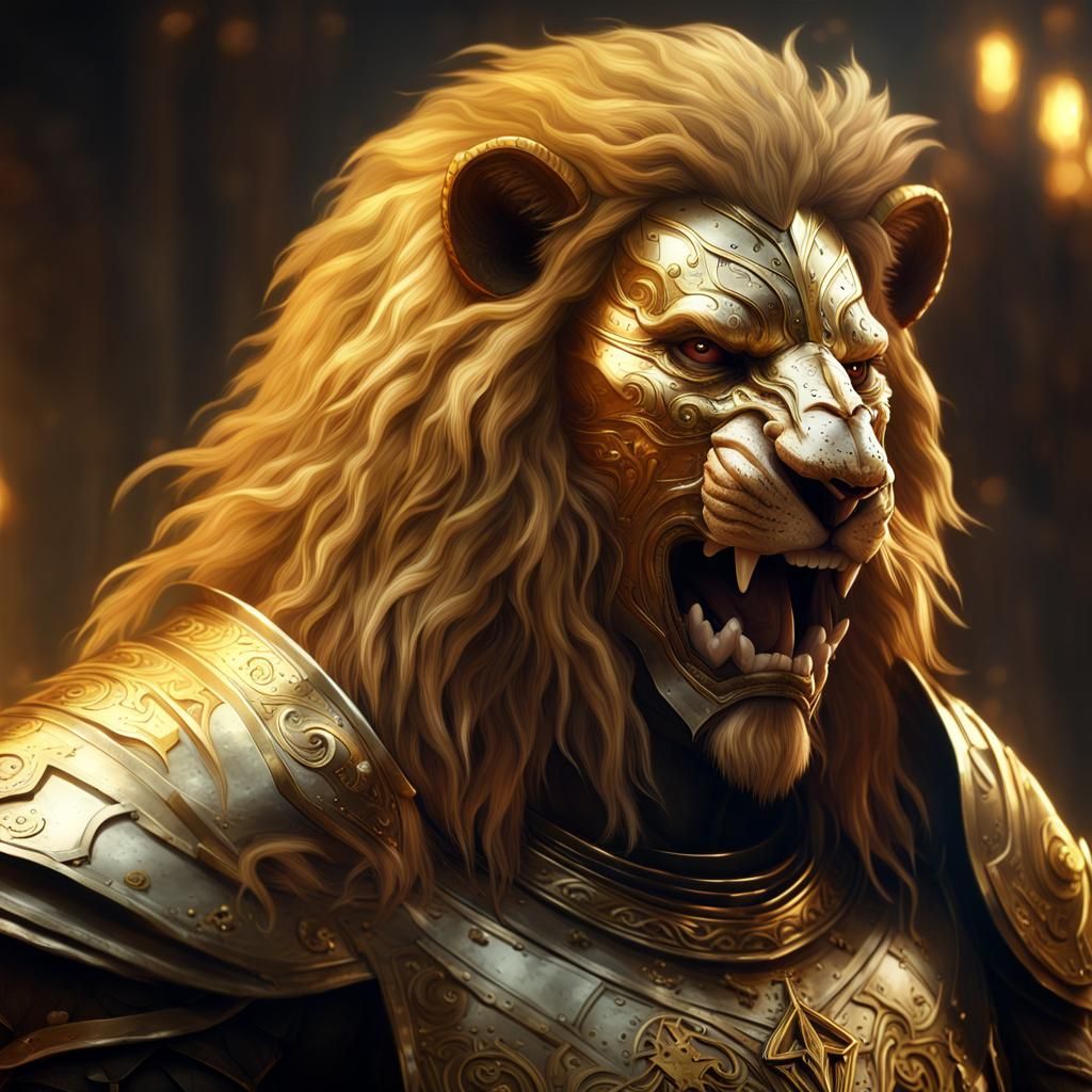 Golden Lion Warrior in Dark Fantasy Style