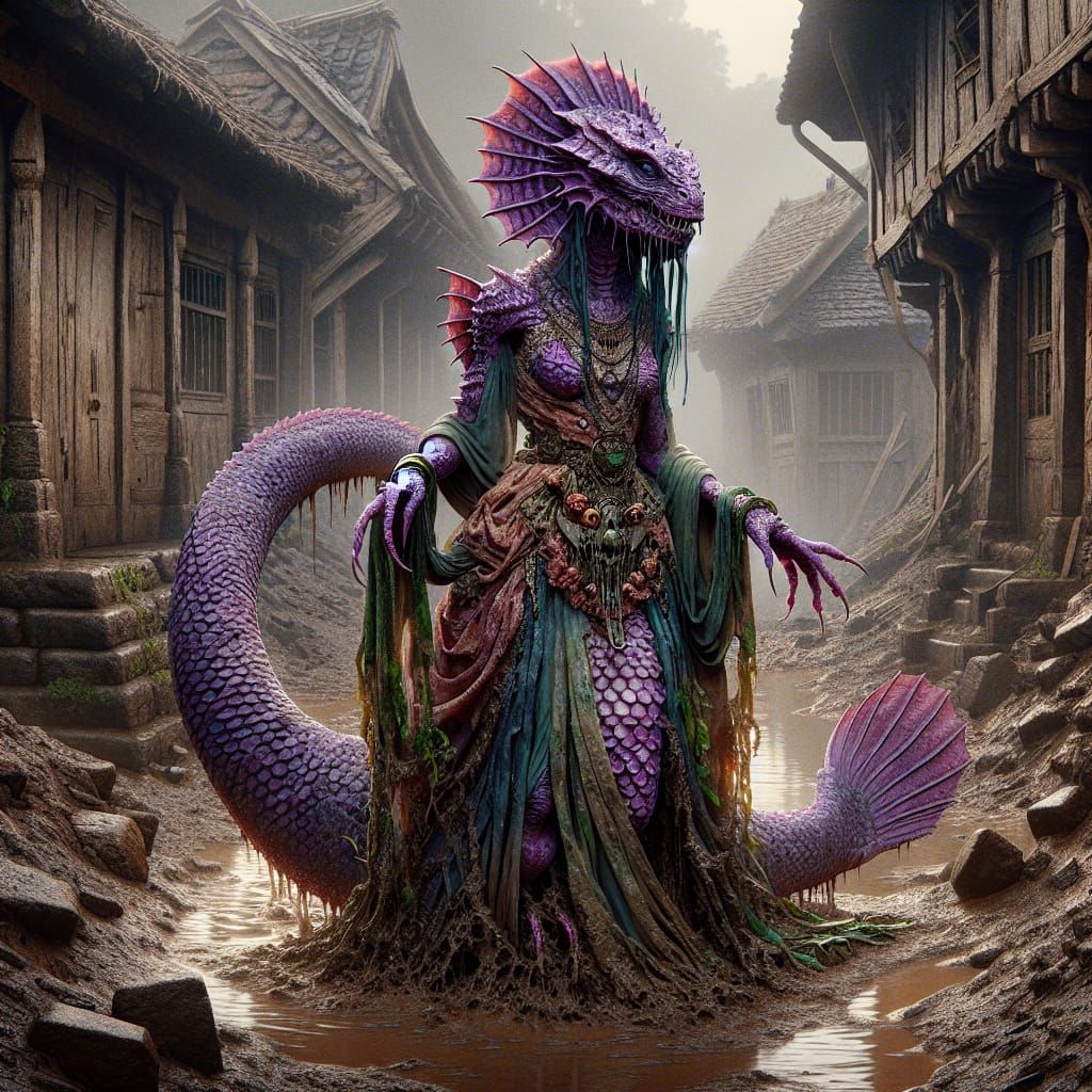 Lovecraftian Fish-Woman Priestess in Decaying Village