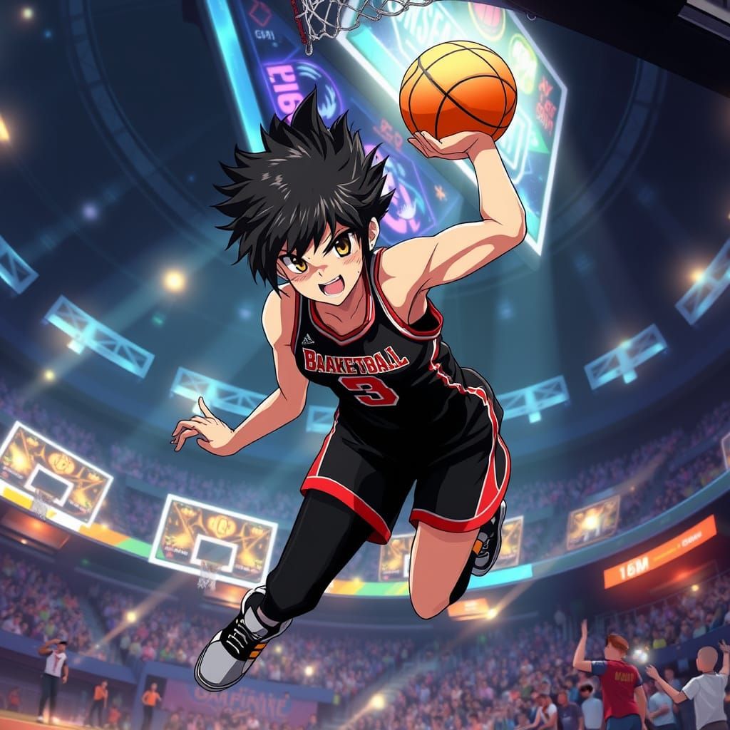 Anime Basketball Player Slam Dunk in Futuristic Arena