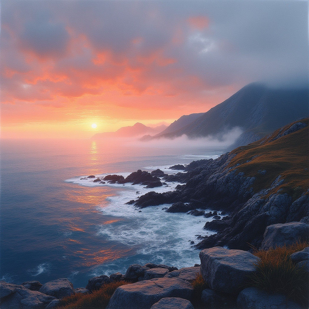 Nova Scotia Sunset Landscape in Watercolor Style