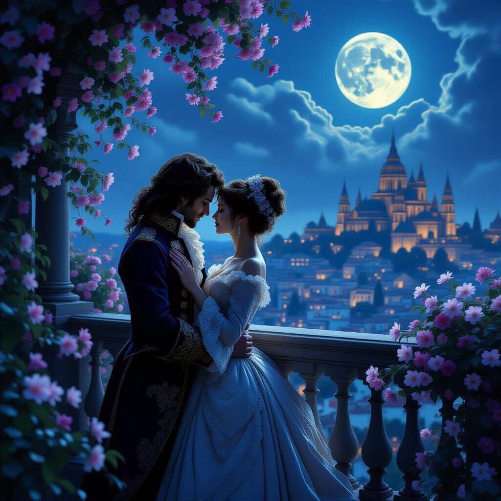Lovers on a Balcony in Hyperrealistic Style