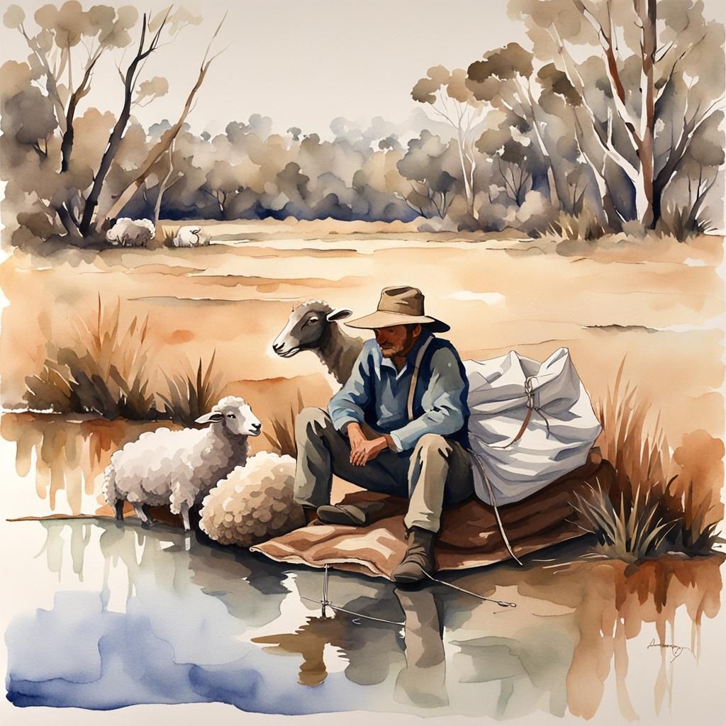 Swagman and Sheep in Australian Bush Watercolor