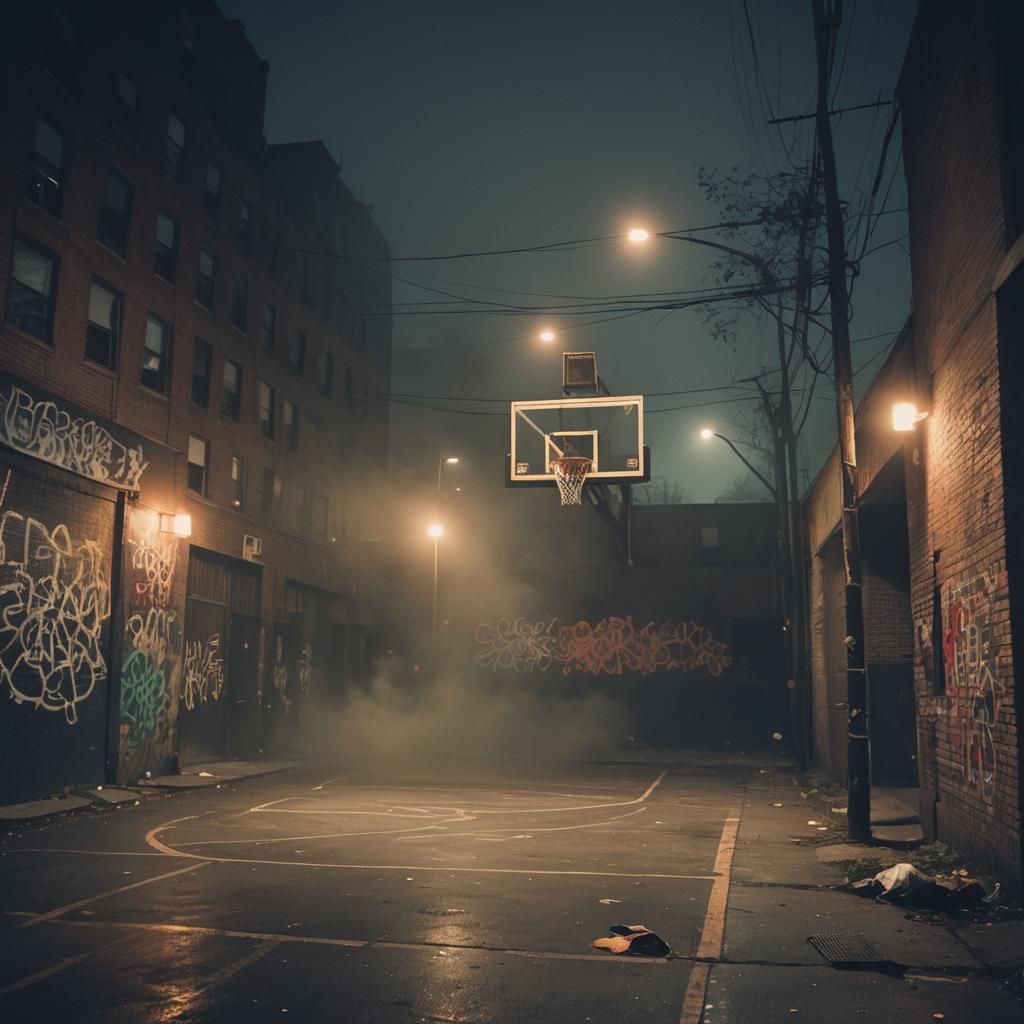 Foggy Bronx Basketball Court at Night