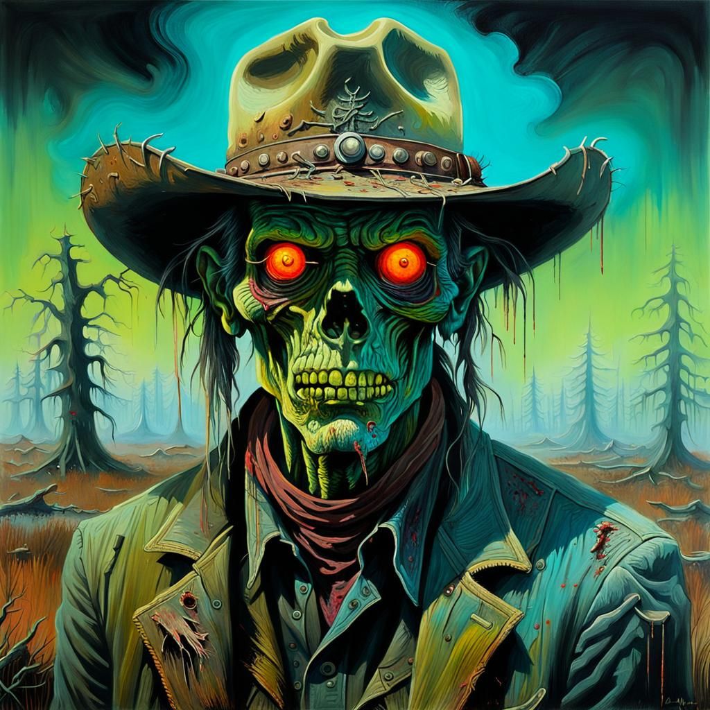 Portrait Zombie Cowboy Neon Glowing Eyes, (Eerie Bog:1.3), H...