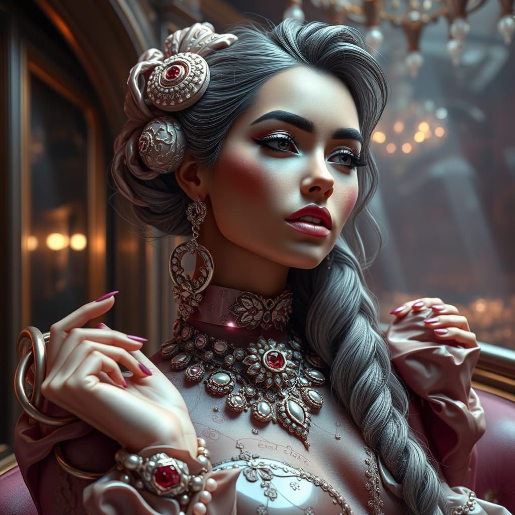 Hyperrealistic Woman in Chocolate Clothing and Candy Jewelry